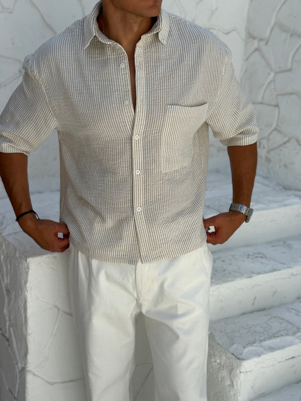 Linen shirt Striped with half sleeves