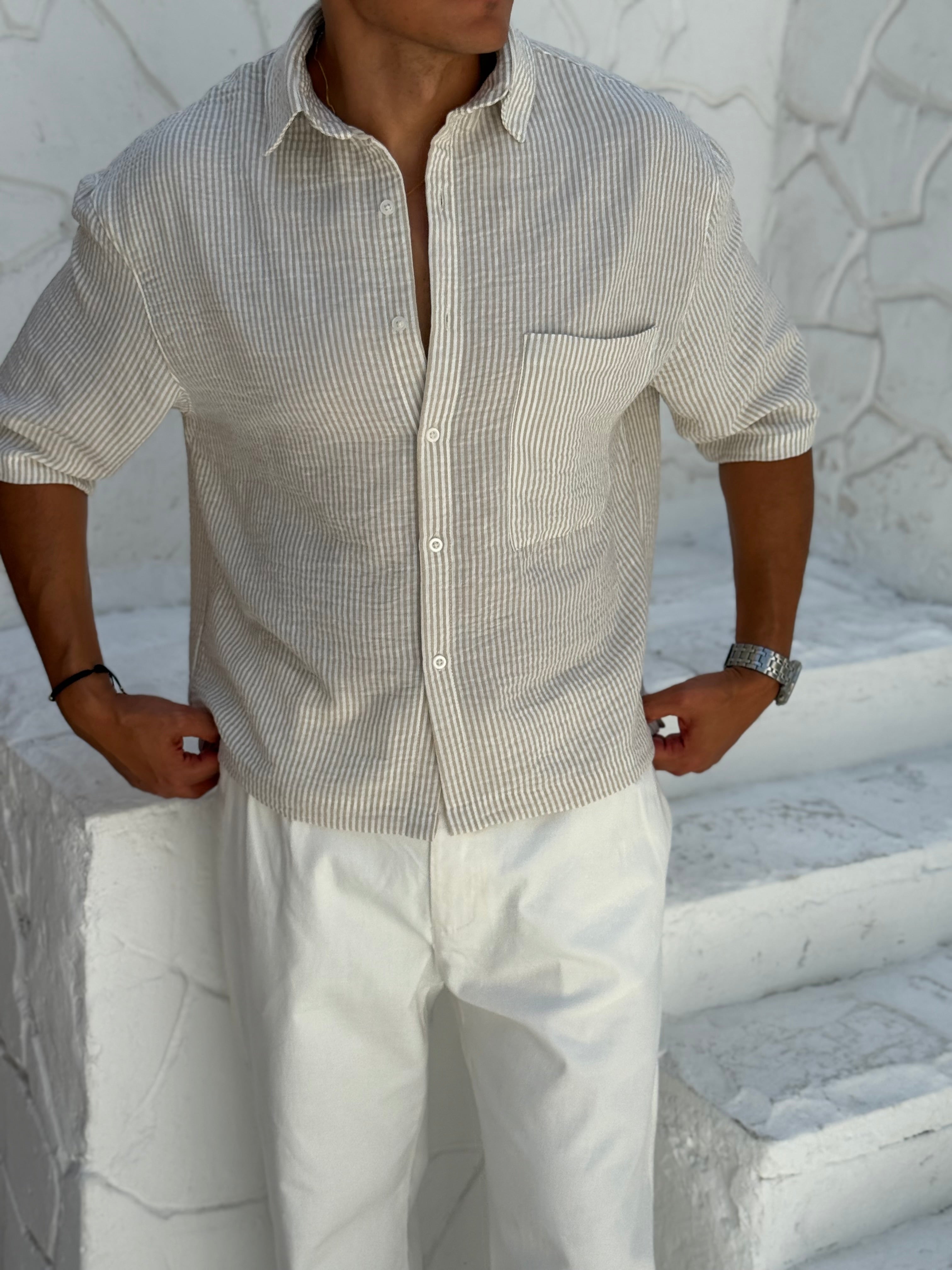 Linen shirt Striped with half sleeves