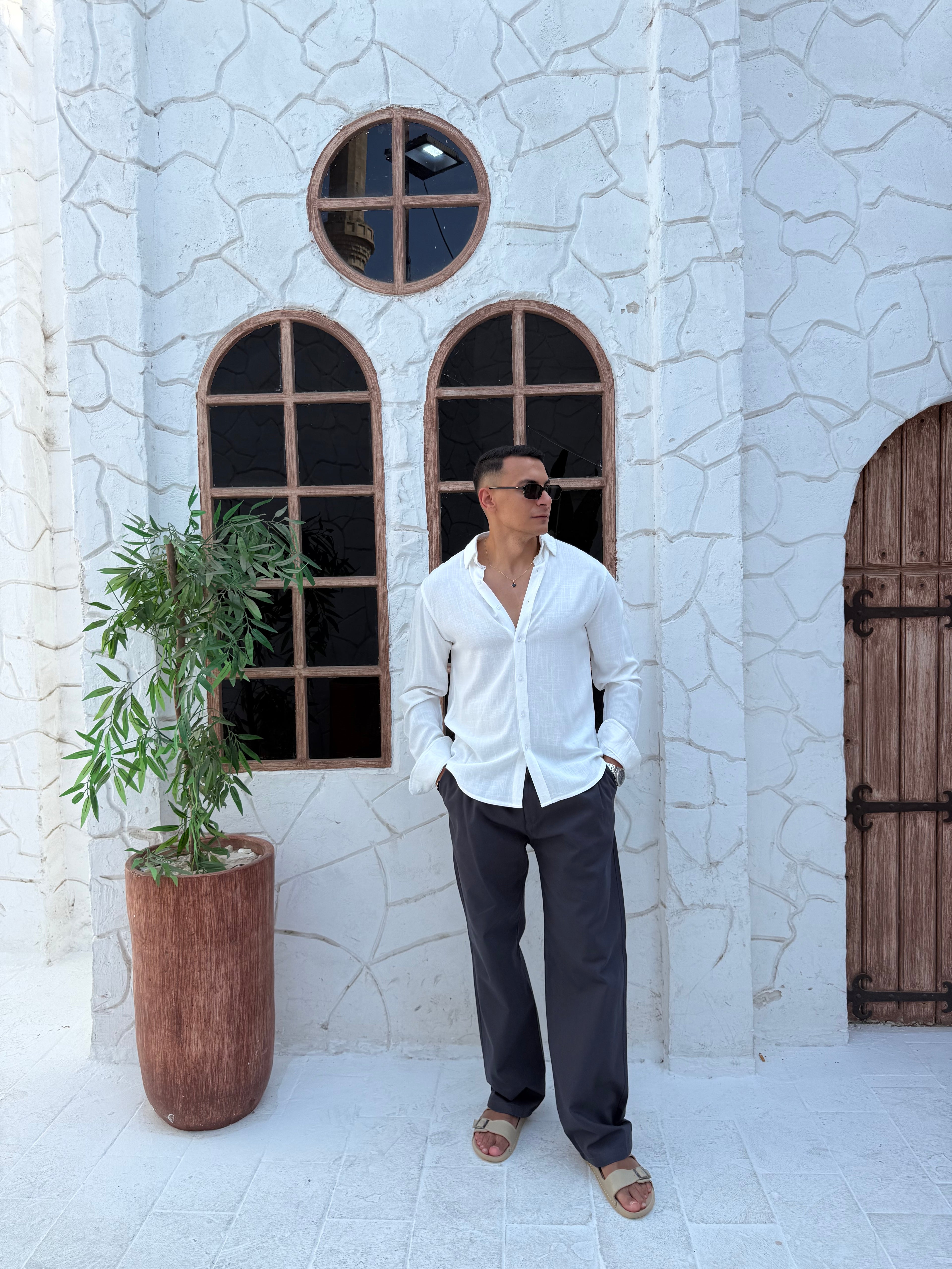 FAME men's gabardine cotton pants with side pockets and matching belt in beige, regular fit casual trousers for men in Egypt.
